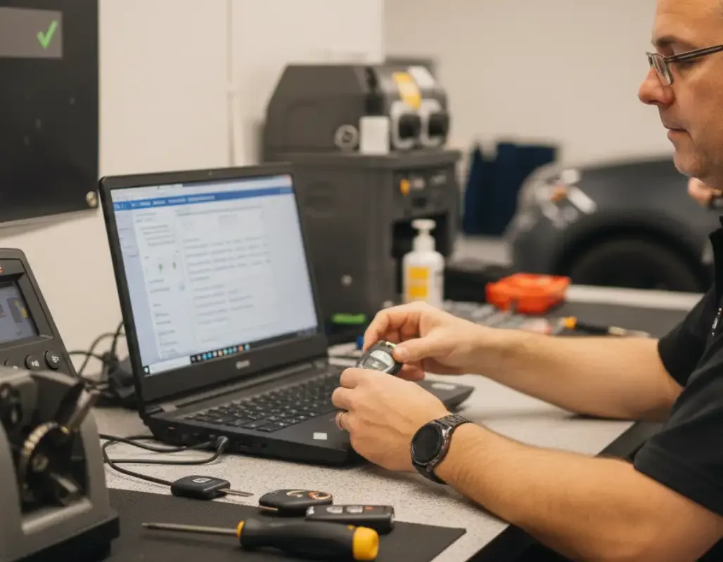 Automotive technician holding a modern key fob beside diagnostic equipment.