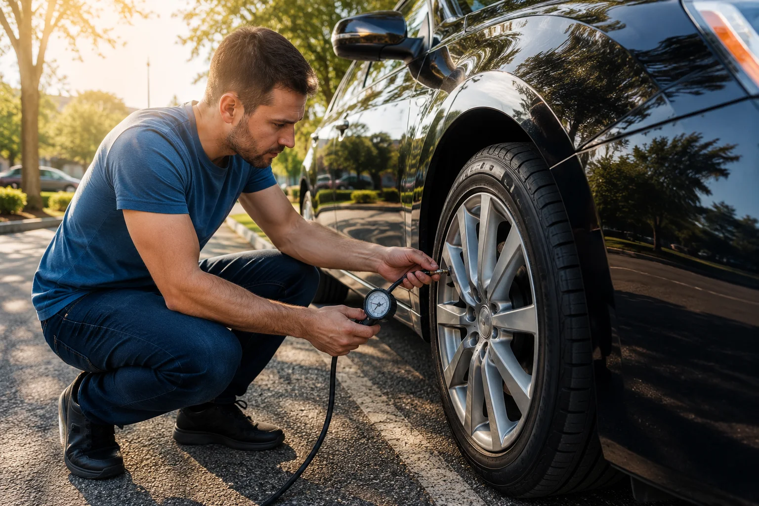 Technician checking tire pressure on a black vehicle outdoors.