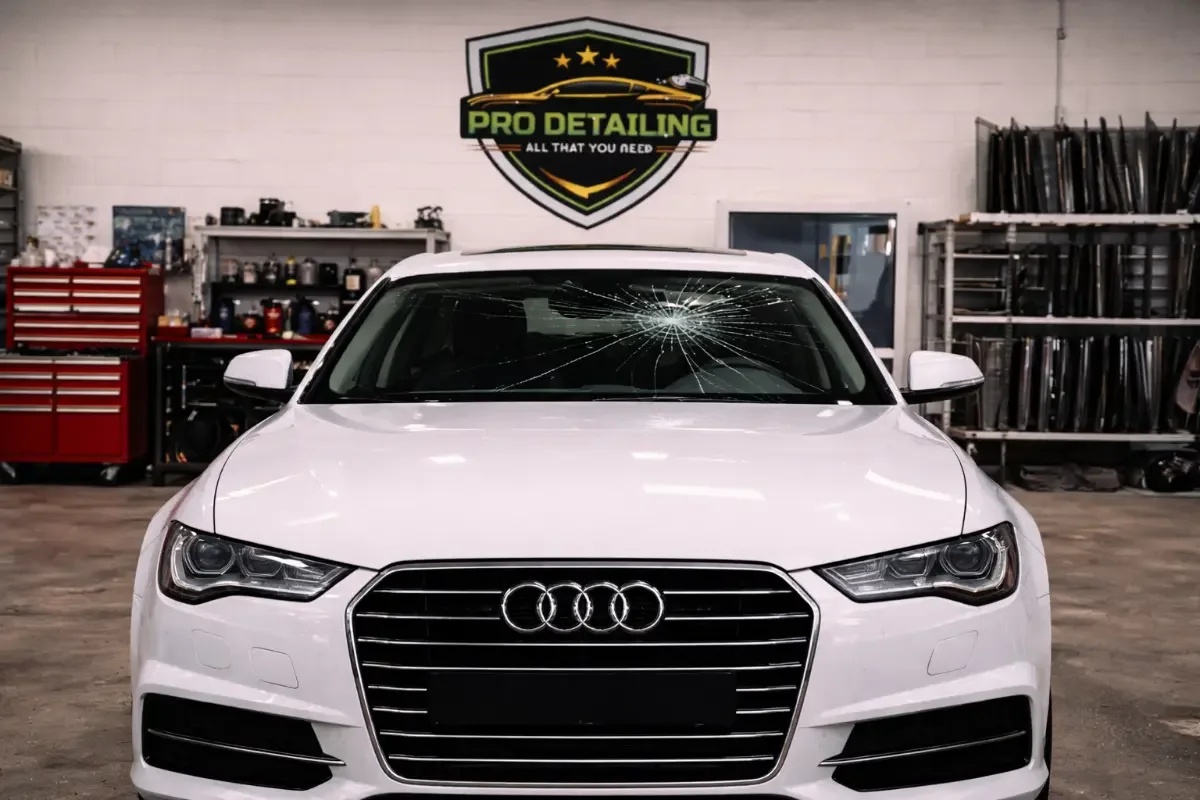 White luxury sedan positioned outside an auto-glass service bay.