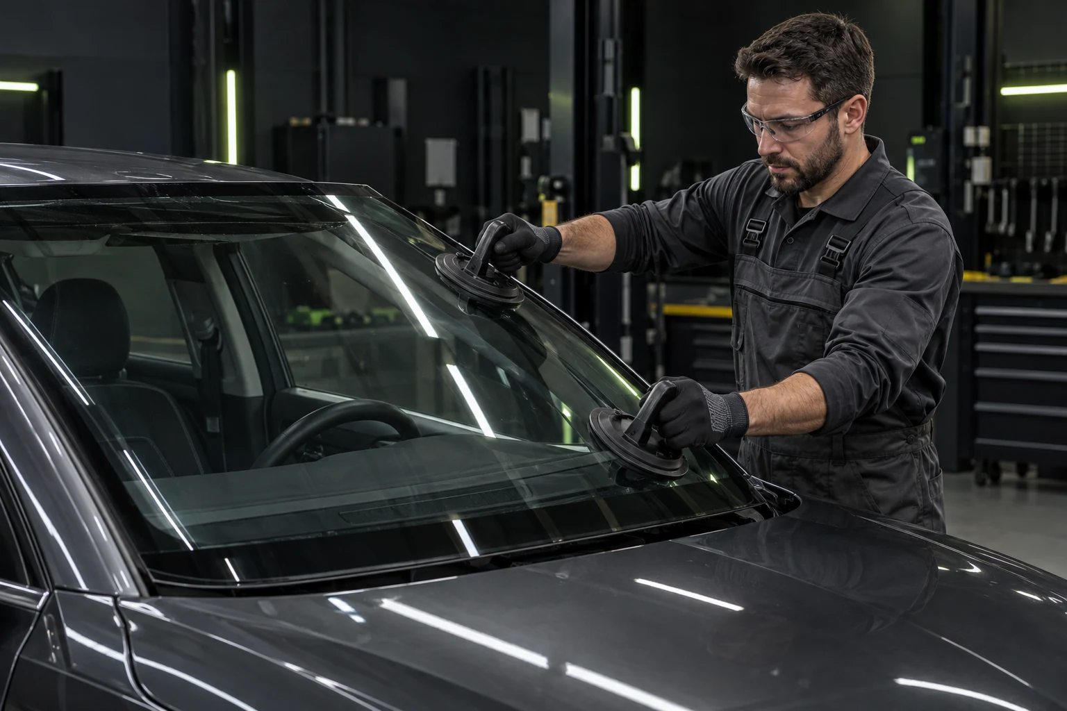 Clearly visible auto-glass technician using professional suction-cup tools to position a windshield in a dark service studio.