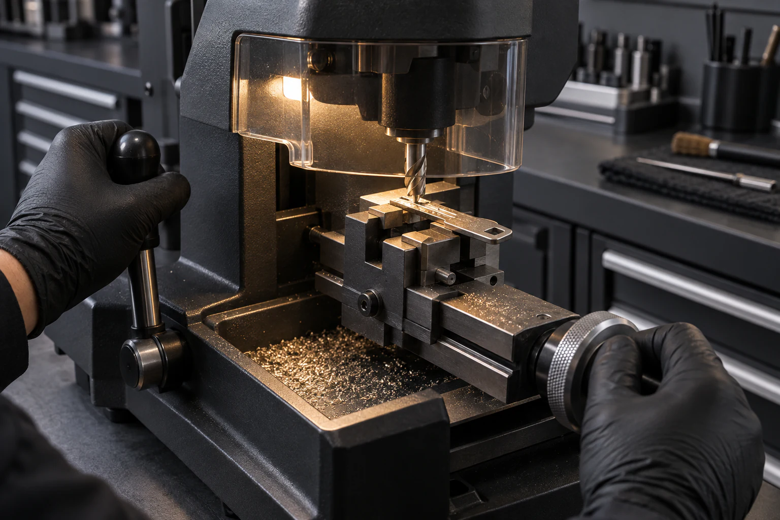 Technician cutting one unbranded emergency key blade in a guarded precision automotive key machine.