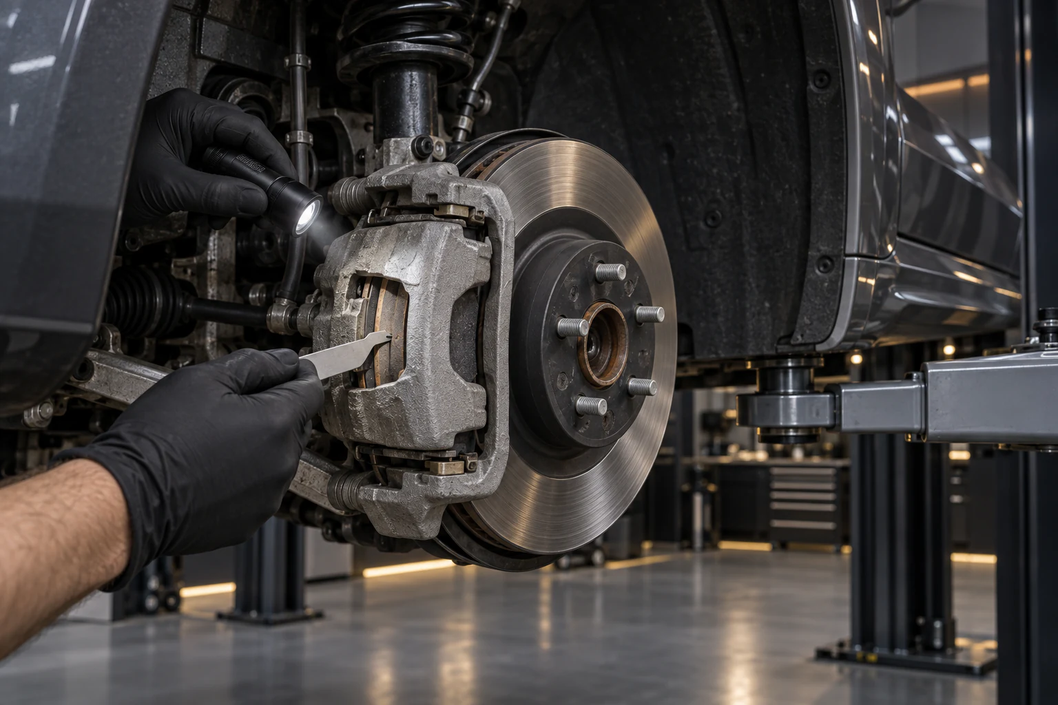 Technician measuring brake-pad thickness on an exposed front brake assembly while the vehicle is safely supported on a lift.