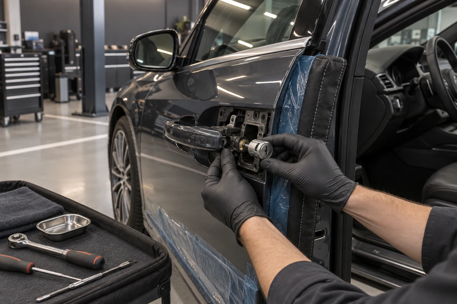 Technician servicing a mechanical door-lock cylinder at the protected handle area of an open luxury-car door.