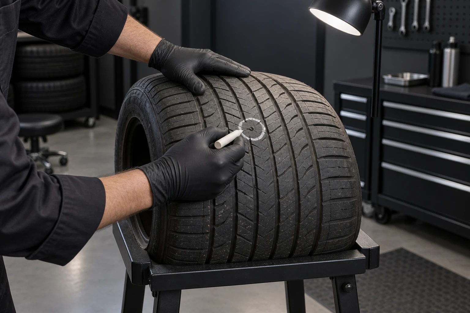 Technician inspecting and marking a small puncture in the central tread area of a removed tire.