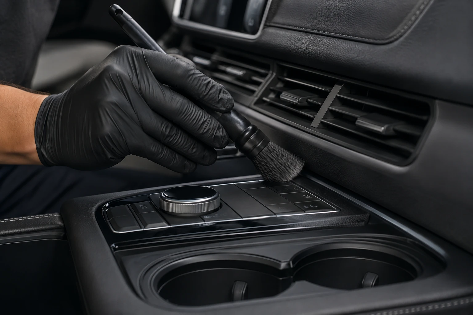 Gloved technician using a soft brush around a center console and air vent