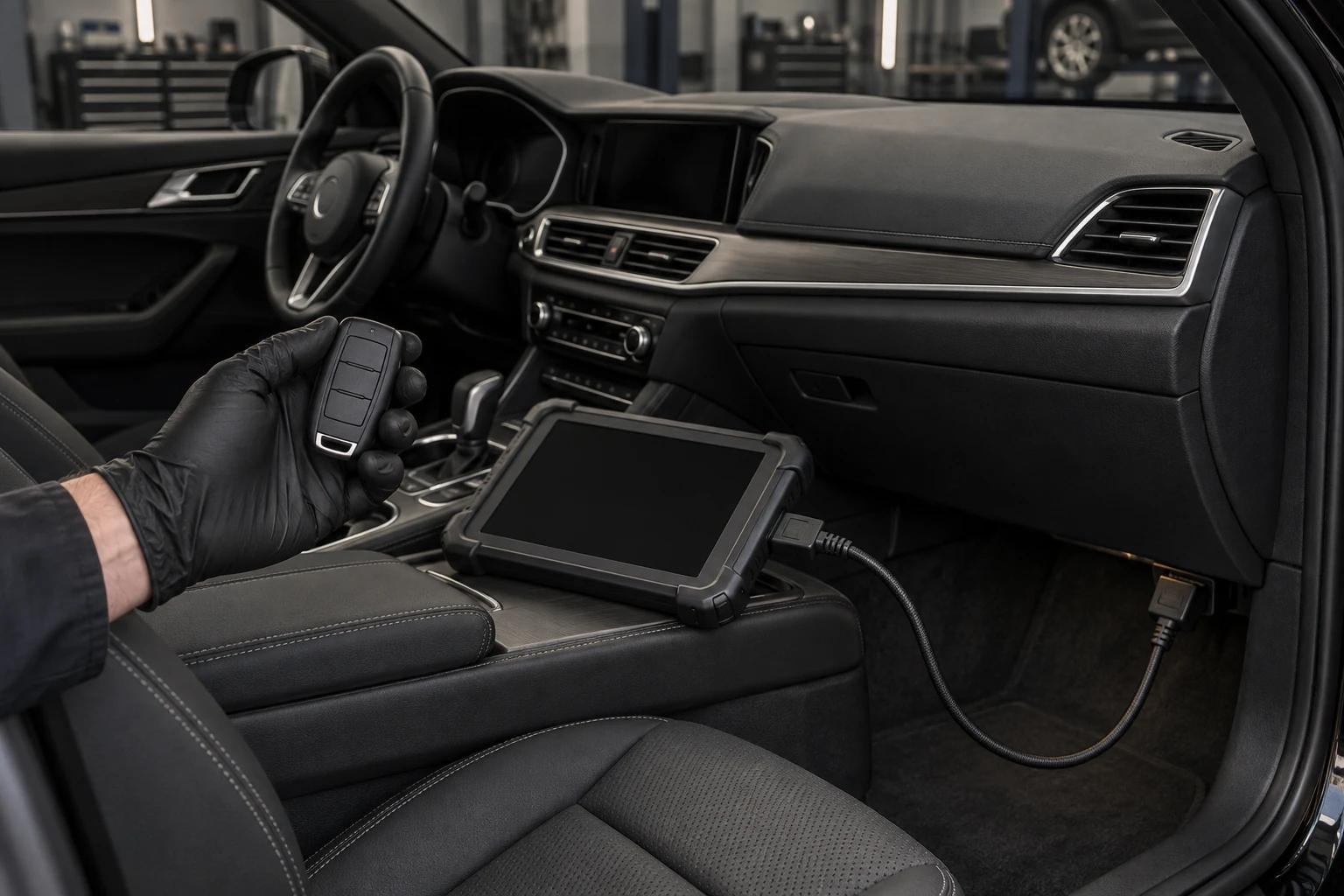 Technician holding an unbranded replacement key fob beside a connected diagnostic programming tablet inside a premium vehicle.