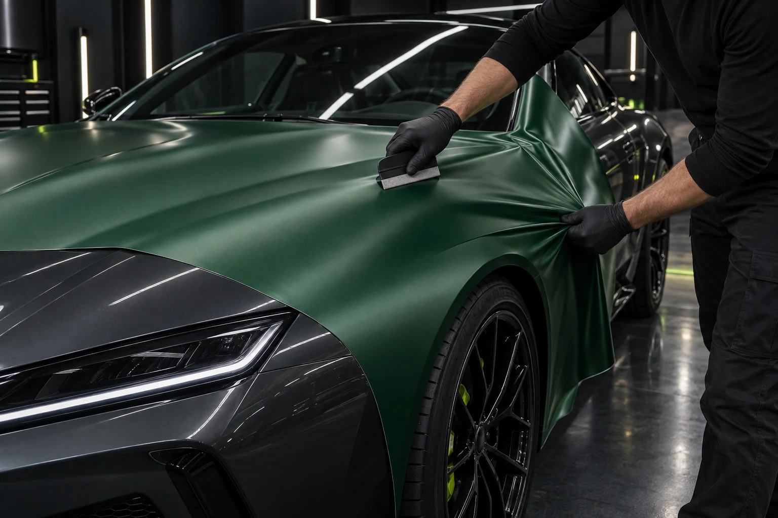 Professional installer applying satin racing-green vinyl to a performance coupe in a dark automotive studio.