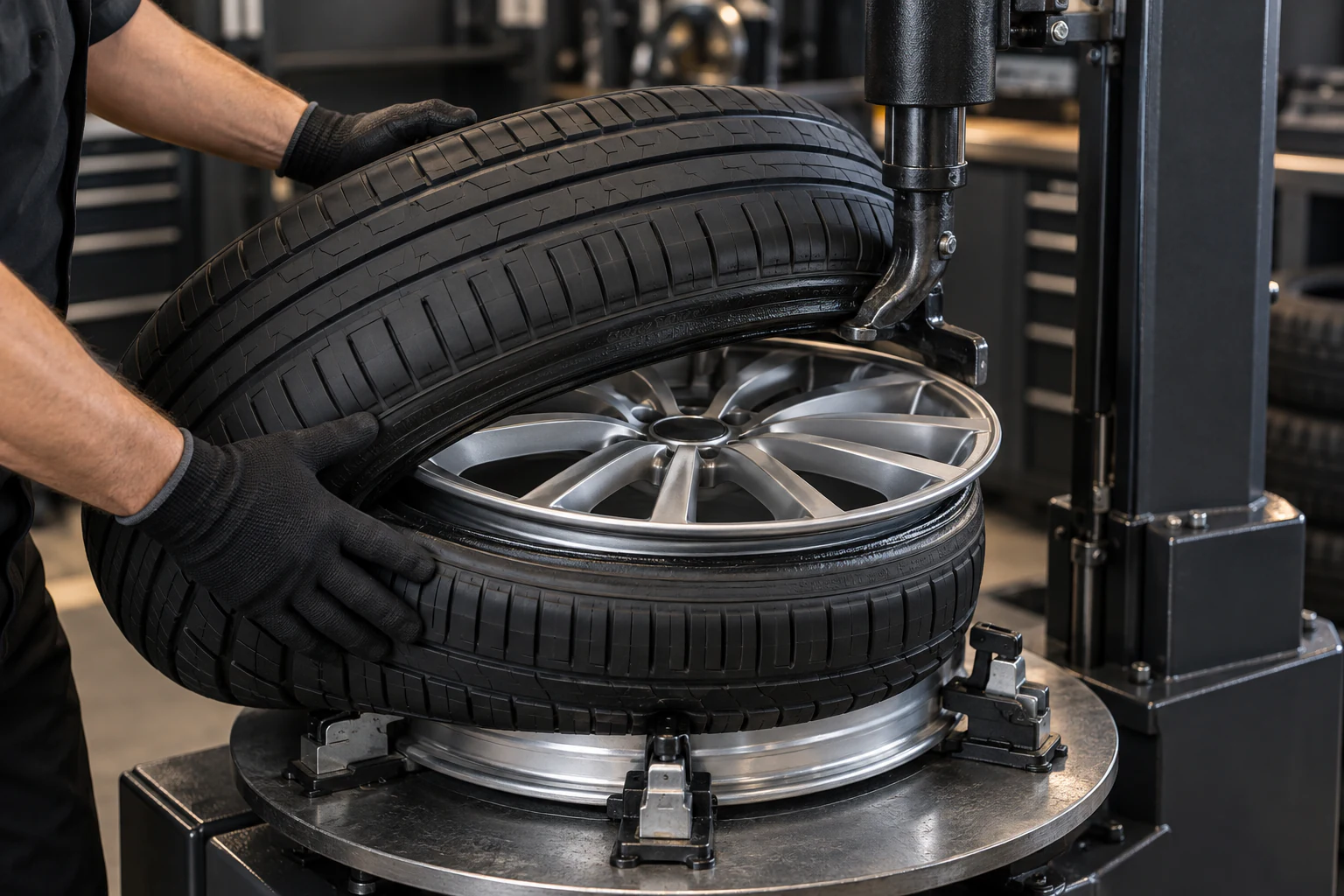 Technician mounting a new unbranded performance tire onto an alloy wheel with a professional tire machine.