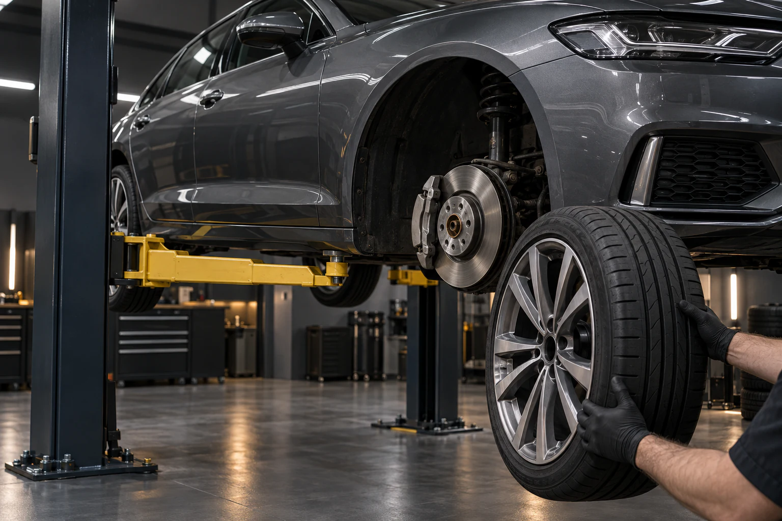 Technician repositioning a wheel during a tire rotation while a luxury sedan is safely supported on a two-post lift.