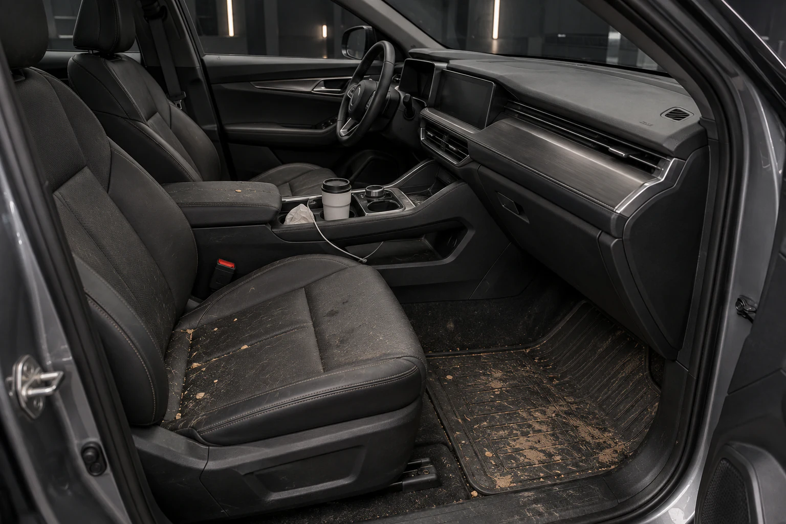 Interactive comparison of a neglected and professionally detailed version of the same luxury vehicle cabin