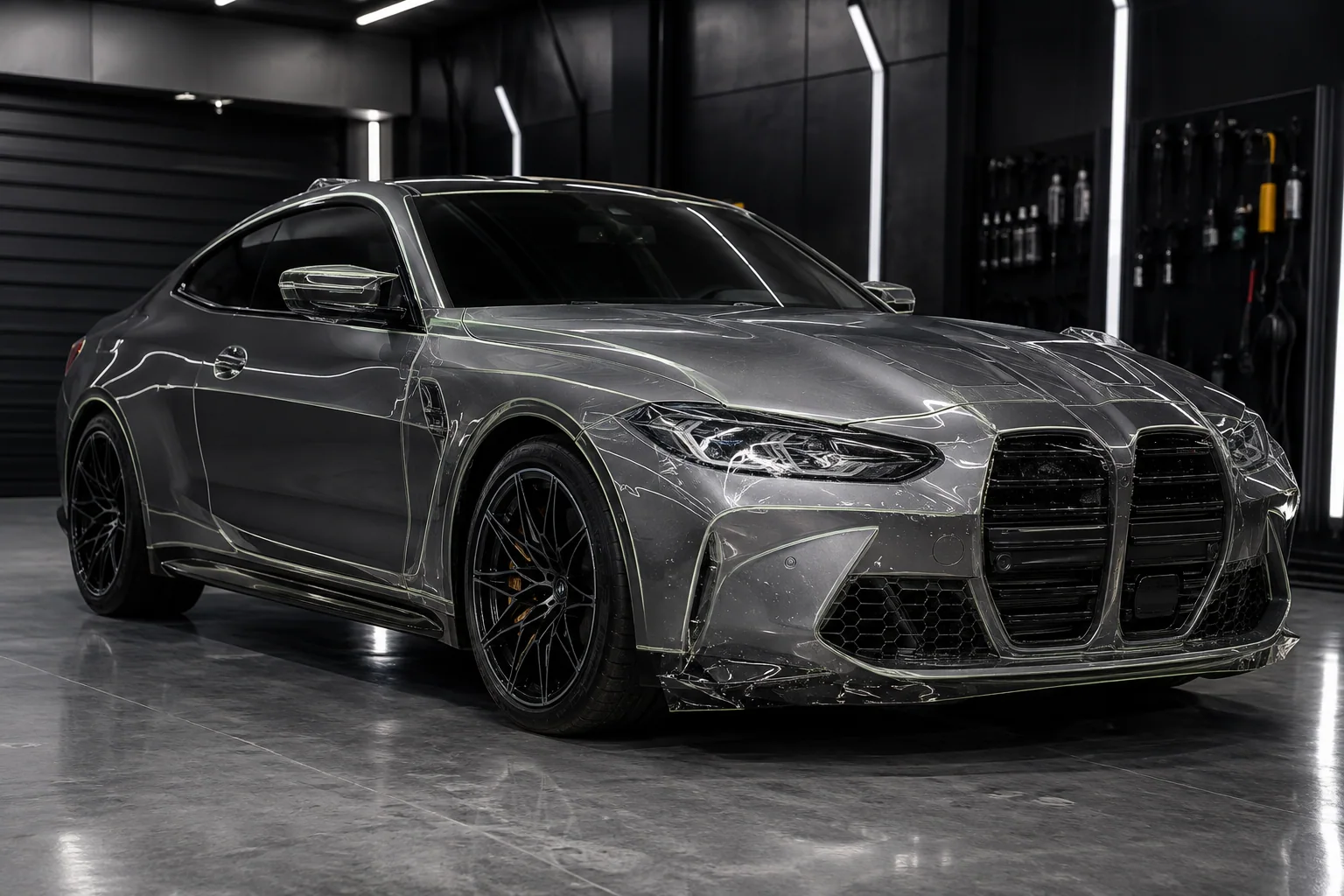 Interactive comparison of clear paint protection film installation and the completed finish on the same silver BMW coupe in a dark studio