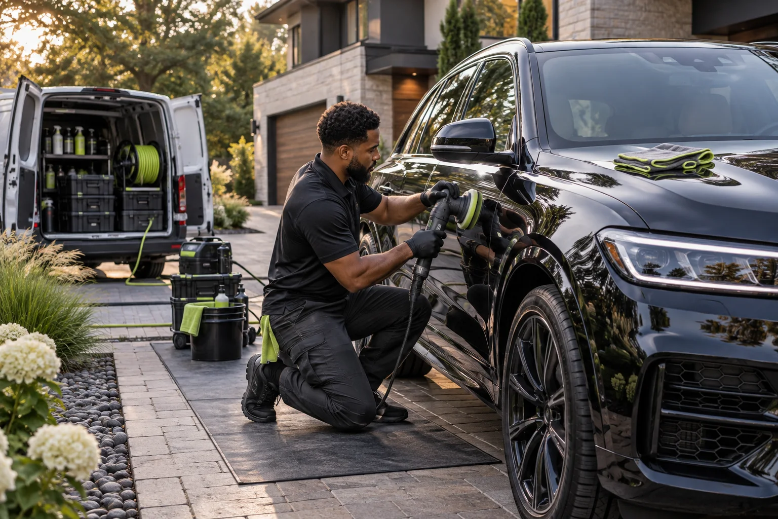 Professional mobile detailer cleaning a luxury SUV at a residential driveway with service equipment nearby.