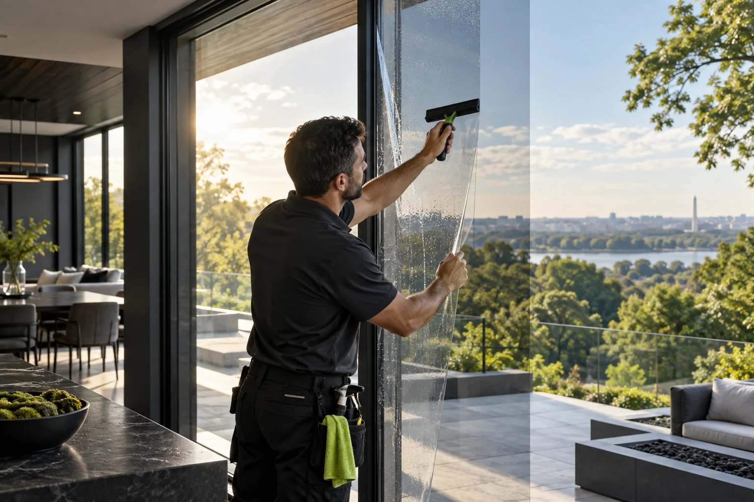 Professional installer applying solar-control film to a large window inside a modern home.