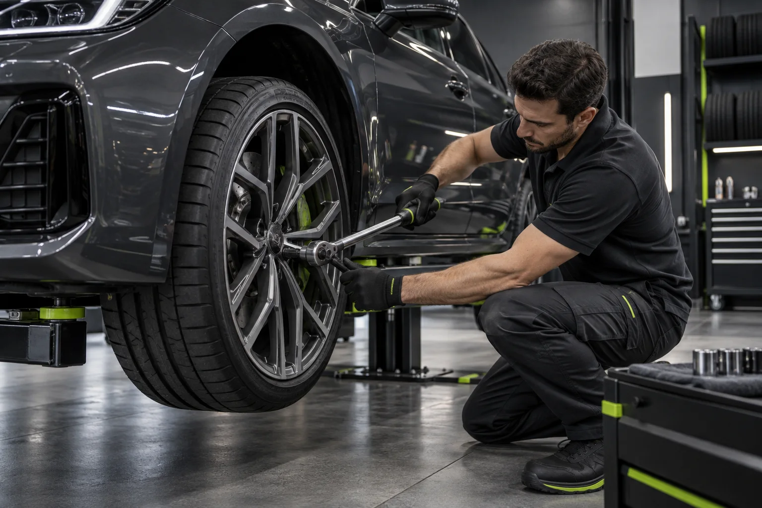 Technician safely torquing a performance wheel on a luxury vehicle in a professional service bay.