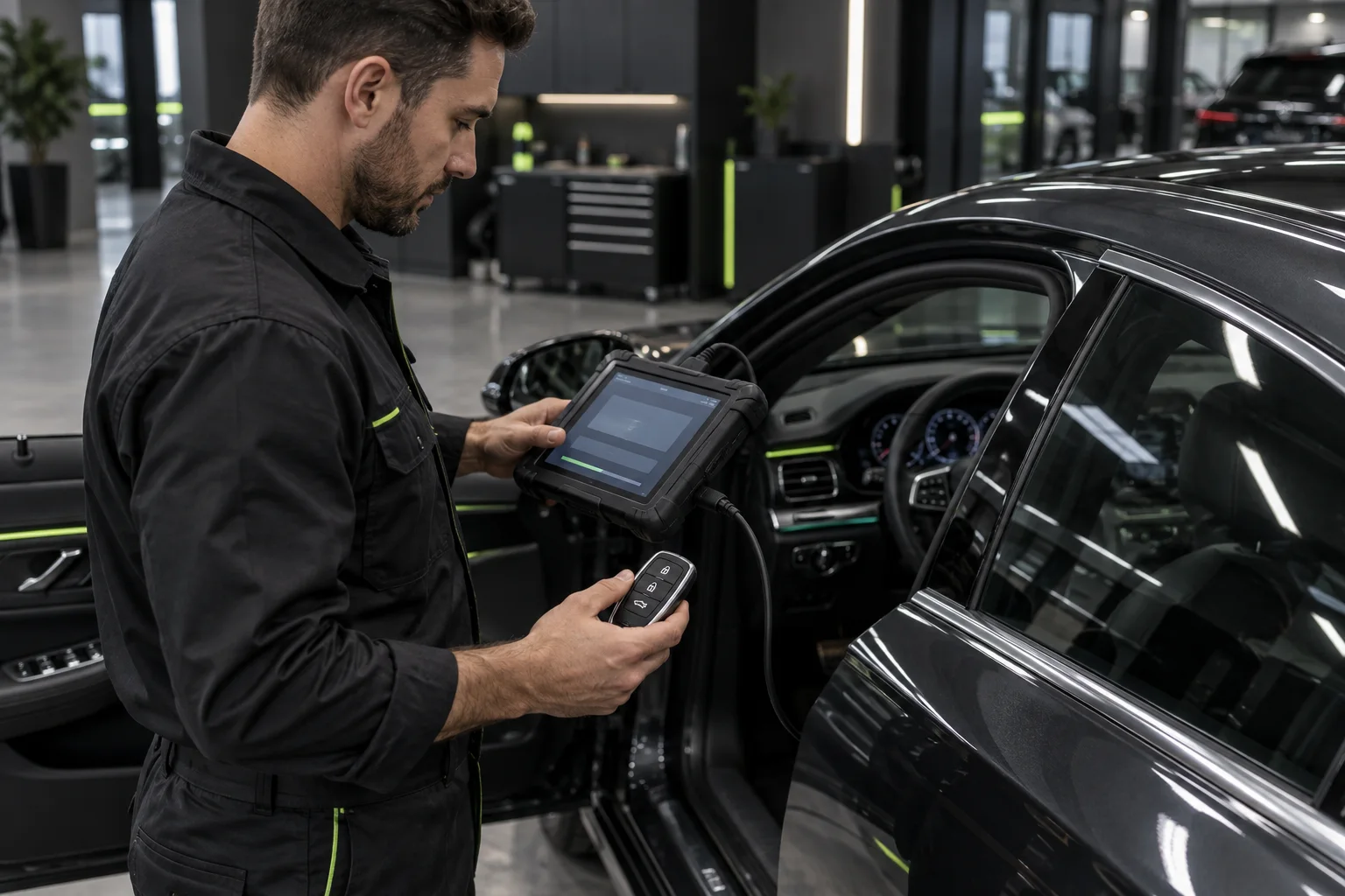 Automotive locksmith programming a modern smart key beside a luxury sedan.